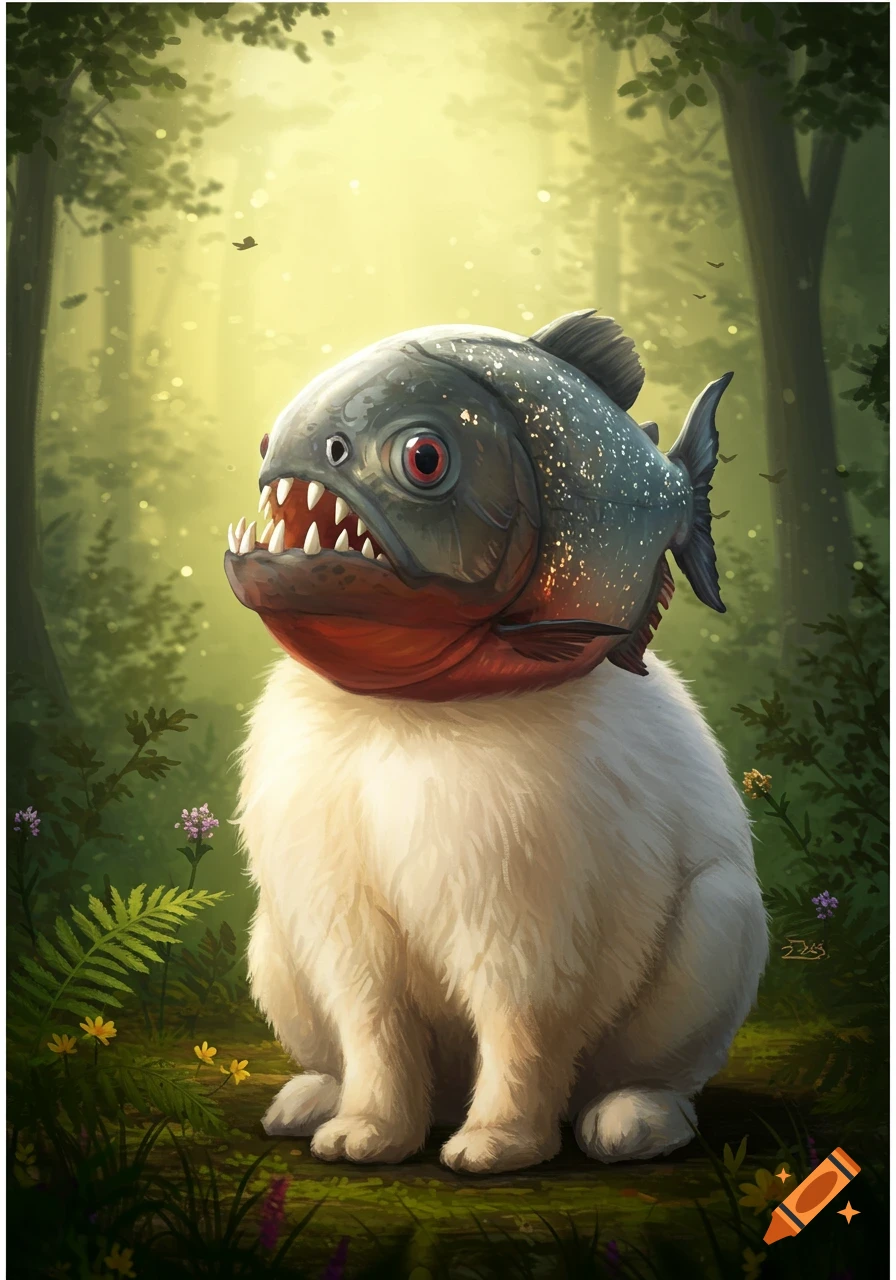 A fluffy white bunny with a menacing piranha head sits in a lush green forest with glowing light.