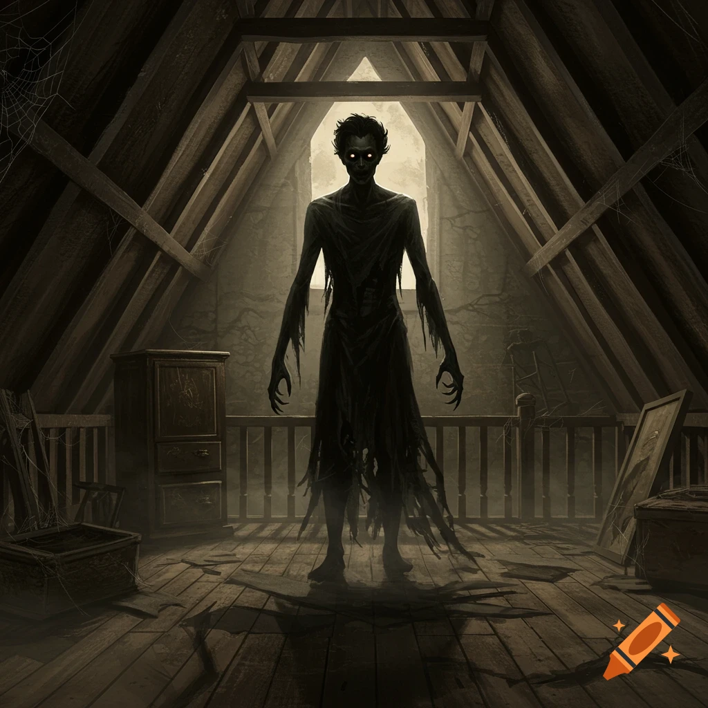 A gaunt, shadowy horror creature with glowing red eyes stands in a dusty, dimly lit attic.
