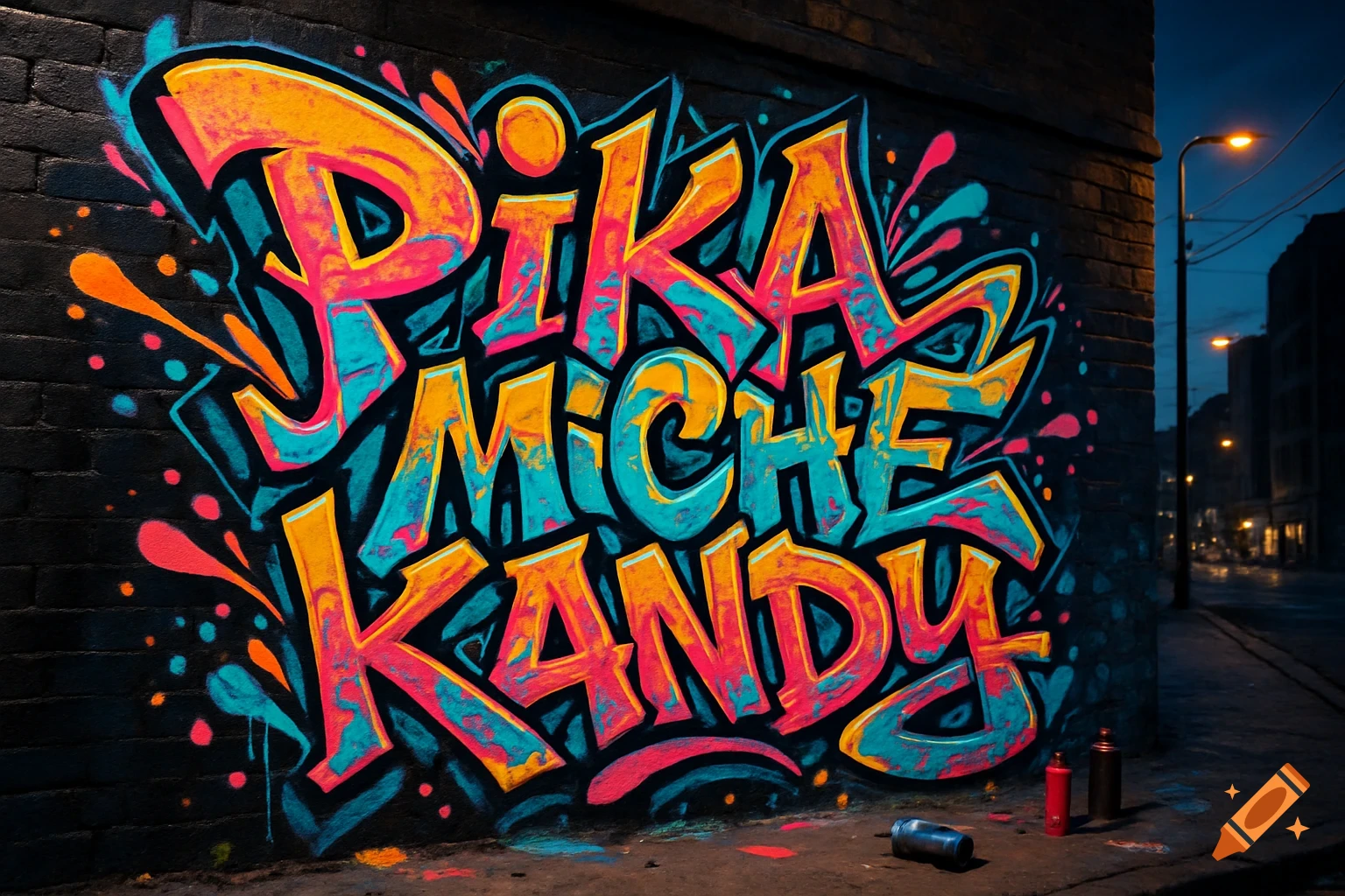 Colorful graffiti art spelling 'Pika Miche Kandy' on a dark brick wall at night, with streetlights and buildings in the background.