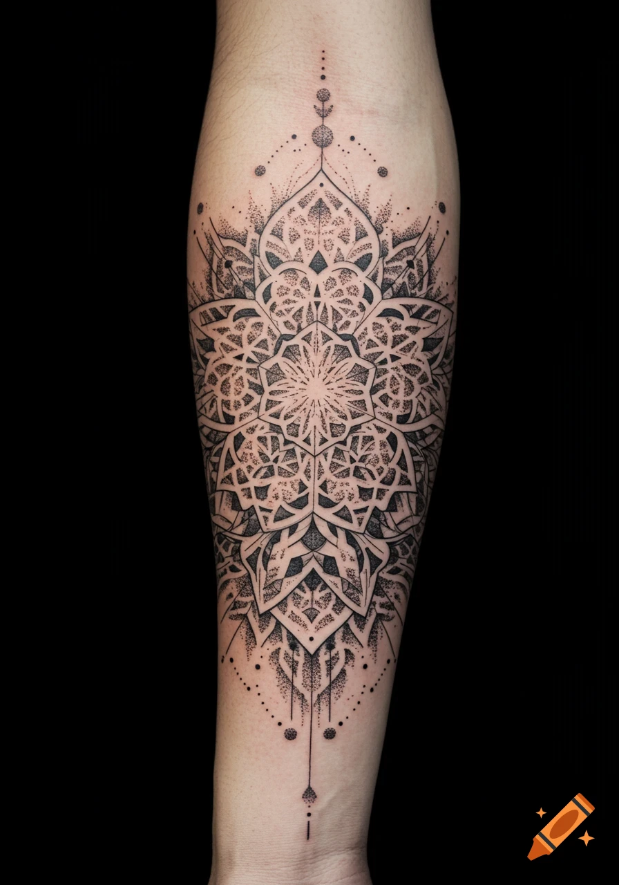 A detailed black geometric mandala tattoo on an arm against a black background.