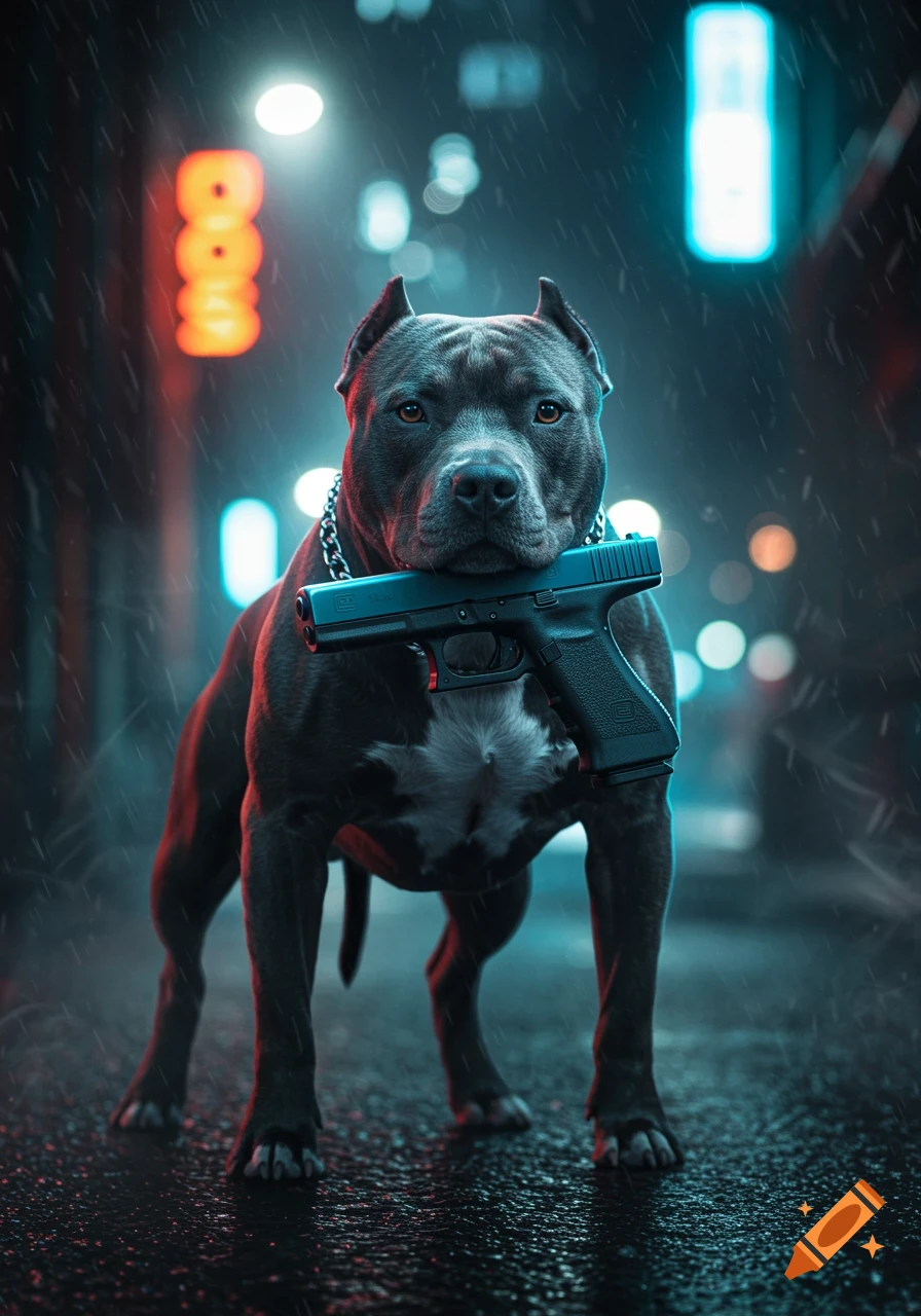 A stoic pit bull stands on a wet street at night, holding a black pistol in its mouth, illuminated by neon city lights.