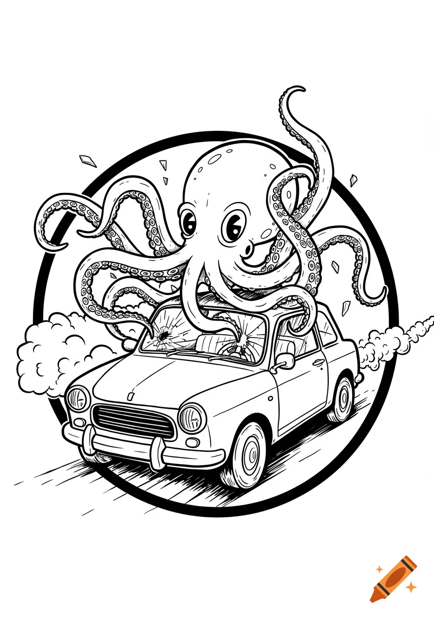 A black and white cartoon drawing of a kraken driving a vintage car with a shattered windshield, encircled by a thick black ring.
