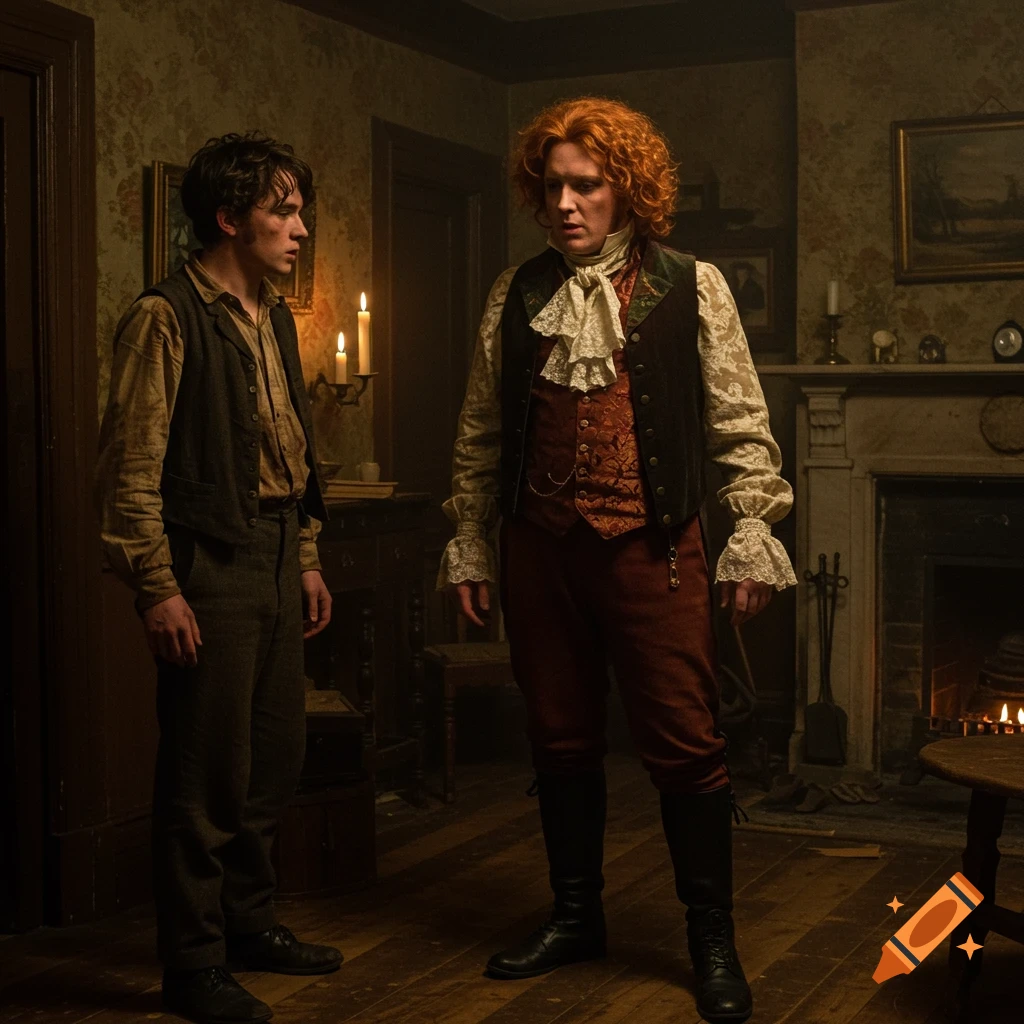 Two young men in a dimly lit 19th-century room. One in worn clothes, the other with red hair in opulent velvet and lace, in a photorealistic style.
