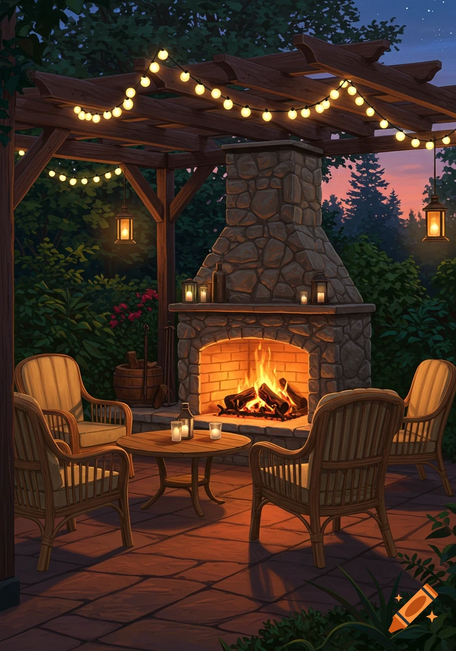 A cozy outdoor patio at dusk with a lit stone fireplace, string lights, and wicker chairs.