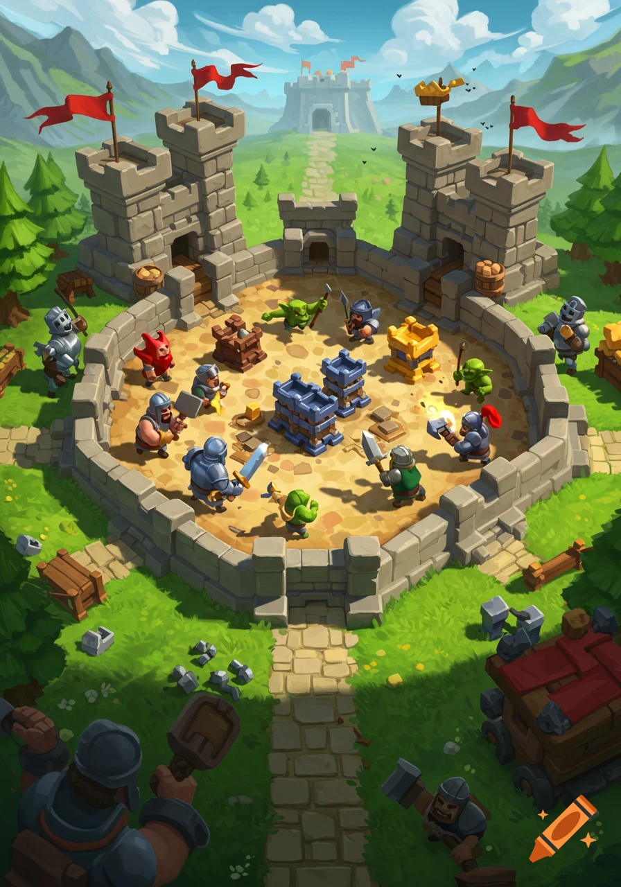 Cartoon medieval battle scene with knights and goblins fighting inside a castle courtyard, stylized game art.