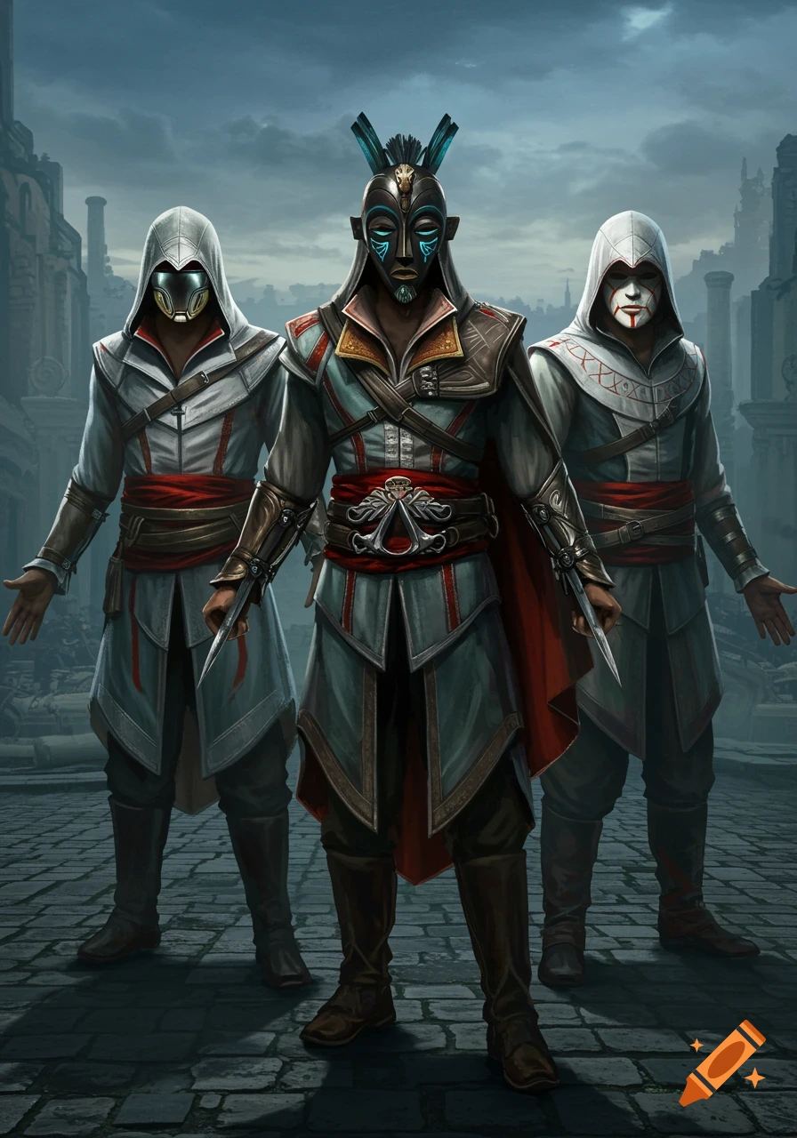 Three masked figures in hooded, assassin-style outfits stand in a ruined city under a cloudy sky.