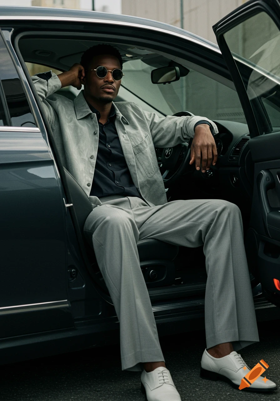 A stylish man in a grey jacket, black shirt, and wide-leg pants sits in the driver's seat of a car, wearing round sunglasses.