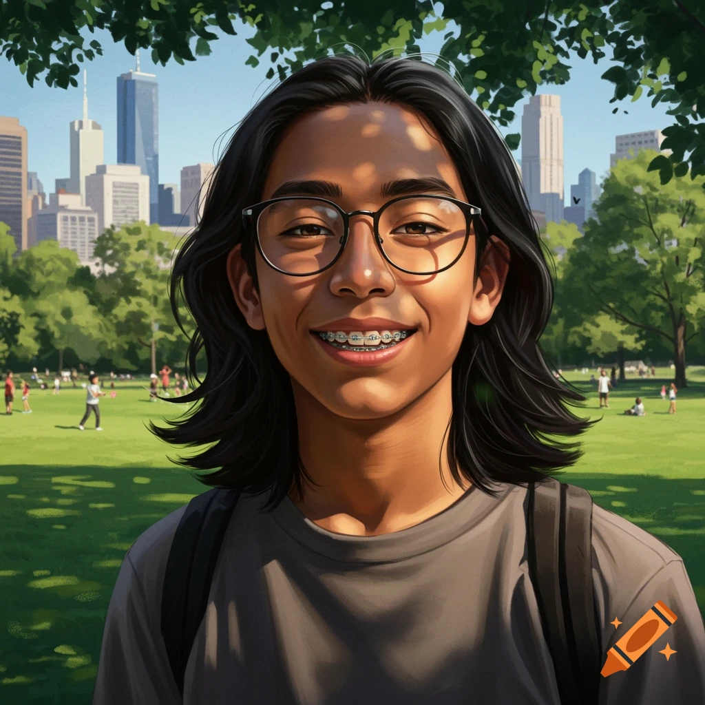 A smiling teenage boy with long black hair, glasses, and braces stands in a park with a city skyline in the background.