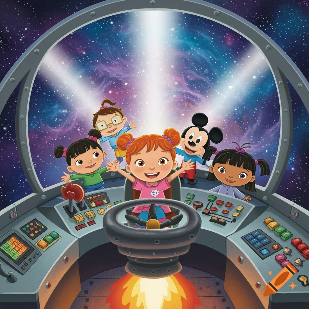 Cartoon children, including Annie from Little Einsteins and Mickey Mouse, excitedly look out from a spaceship cockpit into a starry galaxy.