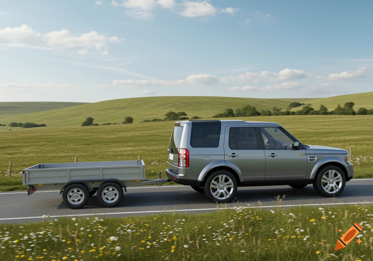 A grey Land Rover Discovery 3 tows a silver Ifor Williams flatbed trailer on a road through green rolling hills under a blue sky.