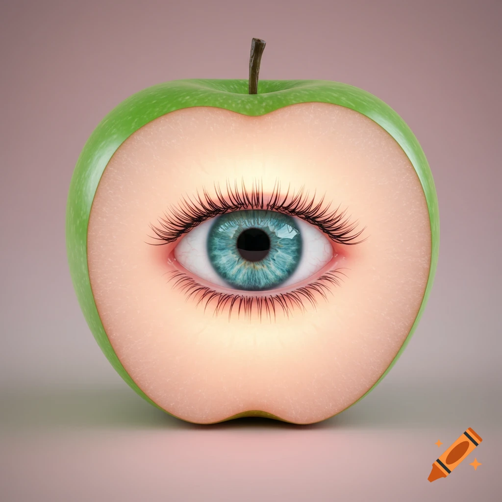 A realistic surreal image of a human eye with long eyelashes embedded glowing within the cut core of a green apple.