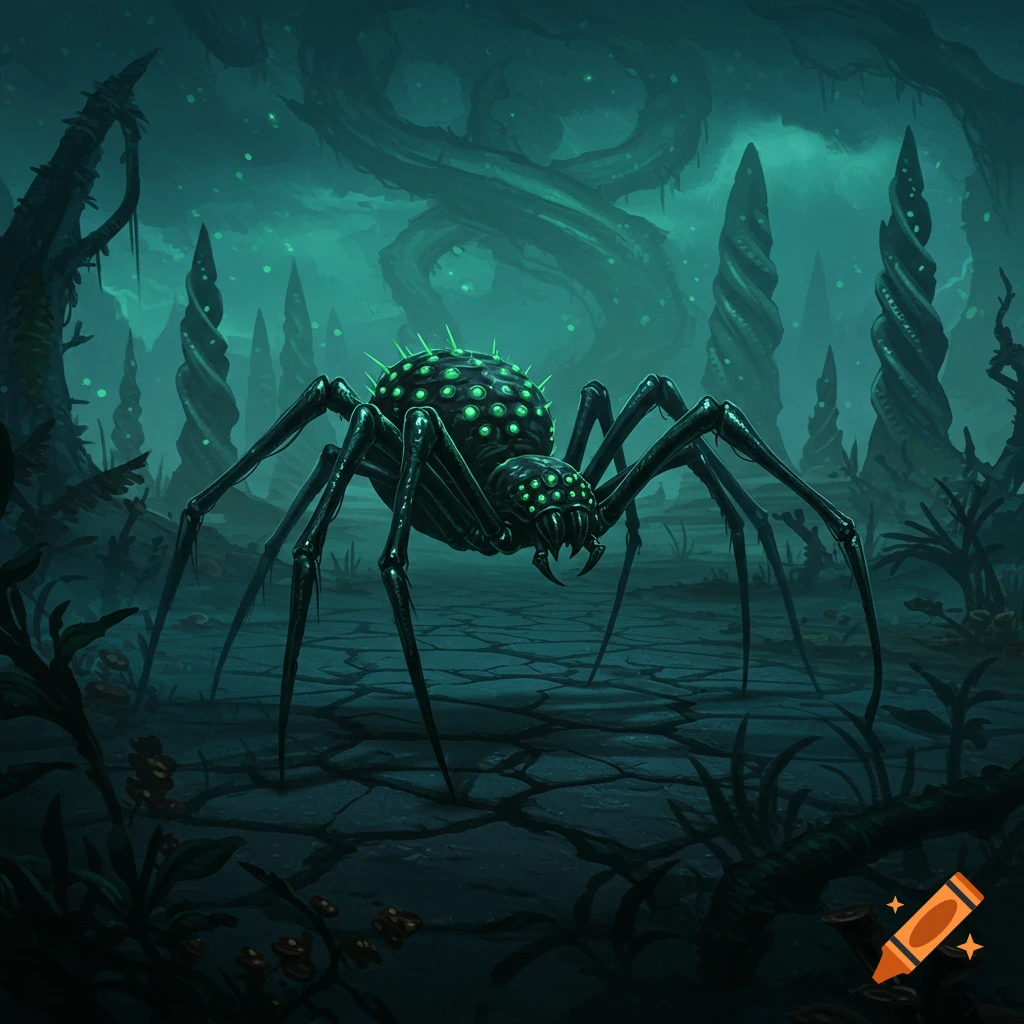Dark, eerie illustration of a black alien spider with glowing green eyes and spikes in a spooky, twisted swamp.