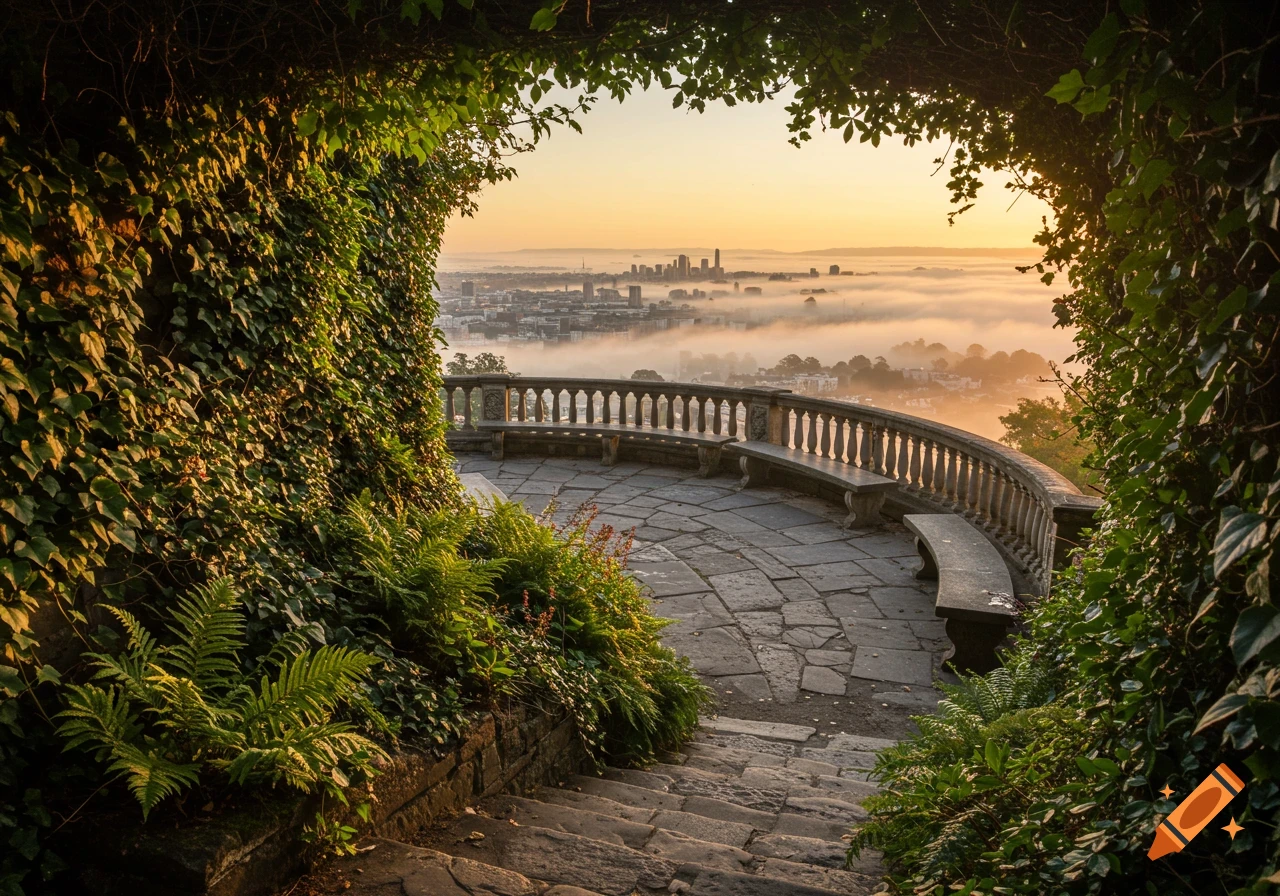 A photorealistic lookout point with a stone terrace and benches, framed by ivy and ferns, overlooking a foggy city at sunrise.