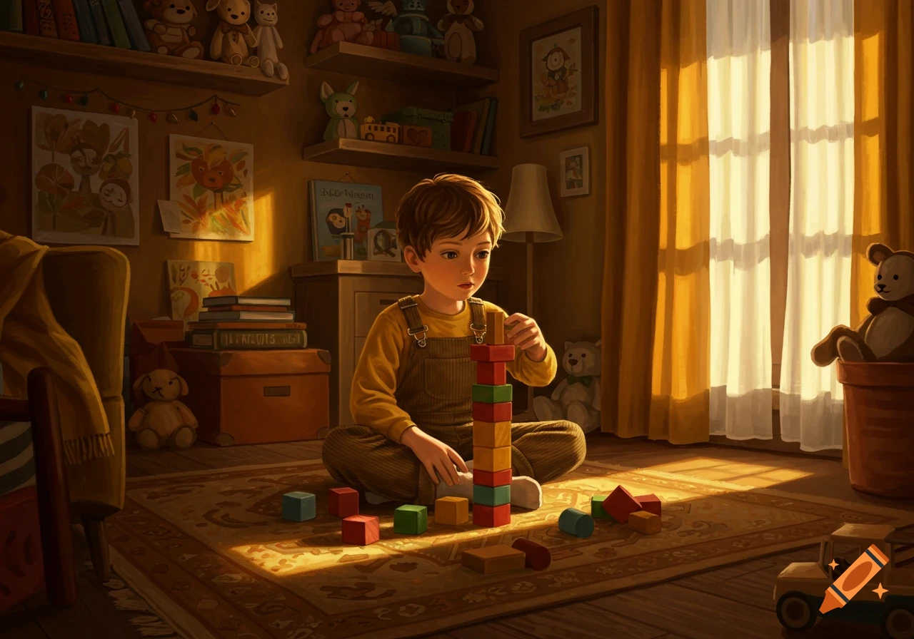 A young boy sits on a rug in a sunlit room, building a tall tower with colorful wooden blocks.
