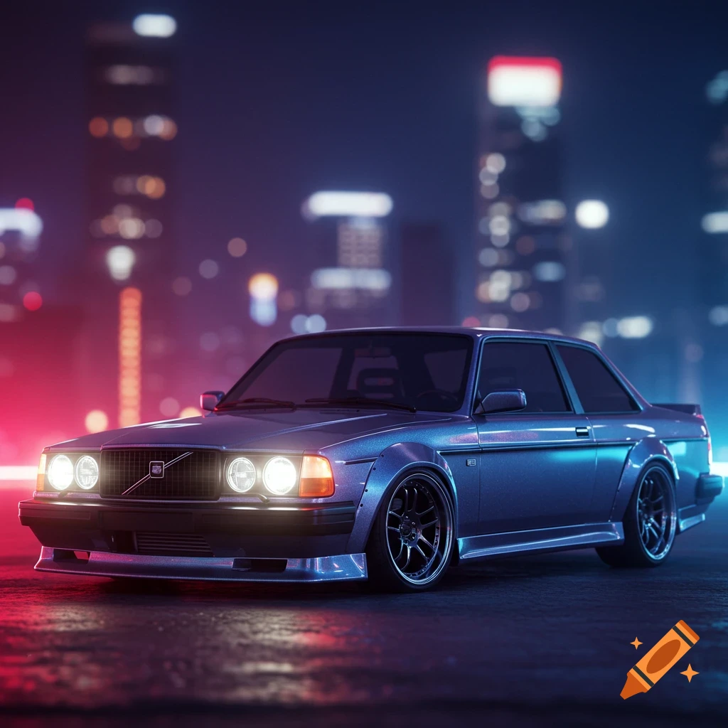 A customized metallic blue Volvo 240 with glowing headlights, parked on a dark, wet street with a neon-lit city blurred in the background.