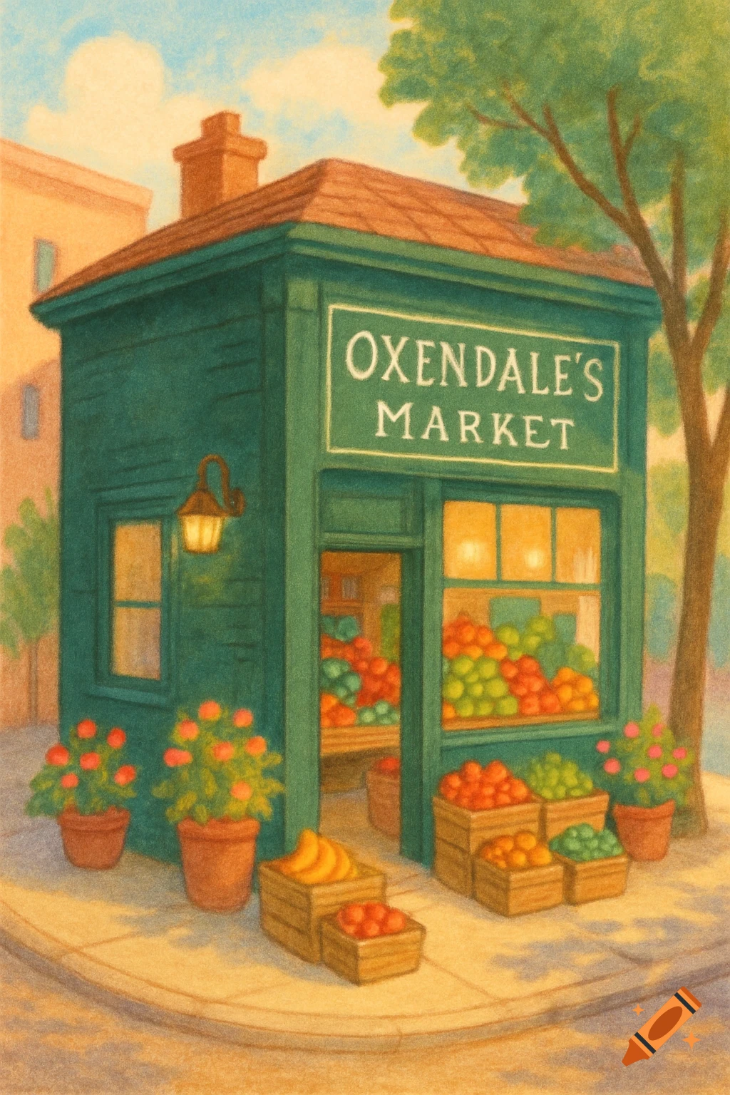 A children's book style illustration of a green market stand named "Oxendale's Market" on a street corner, with fruit displays.