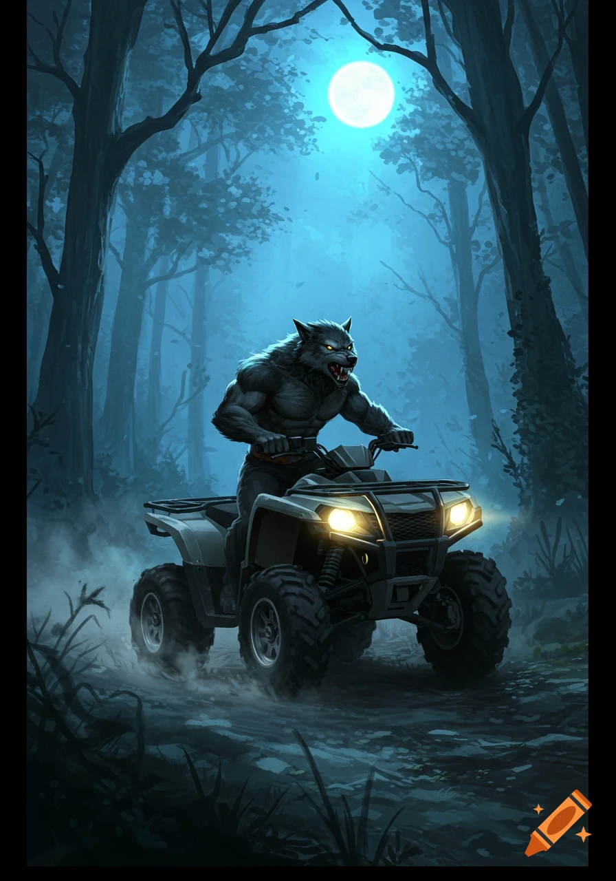 A muscular werewolf with glowing eyes rides an ATV through a misty, dark forest under a bright full moon.