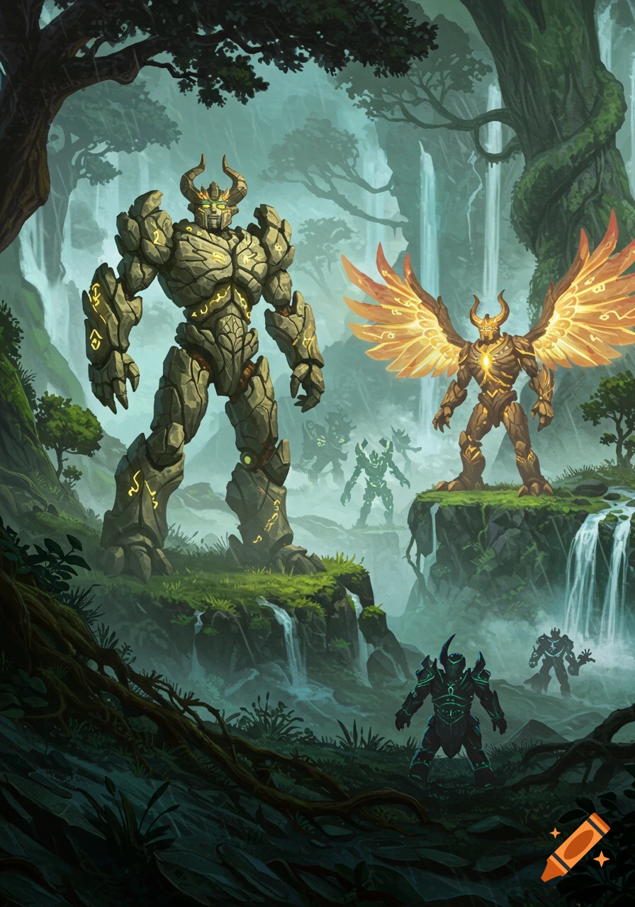 Giant stone golems, one with glowing wings, stand in a lush, misty forest with waterfalls.