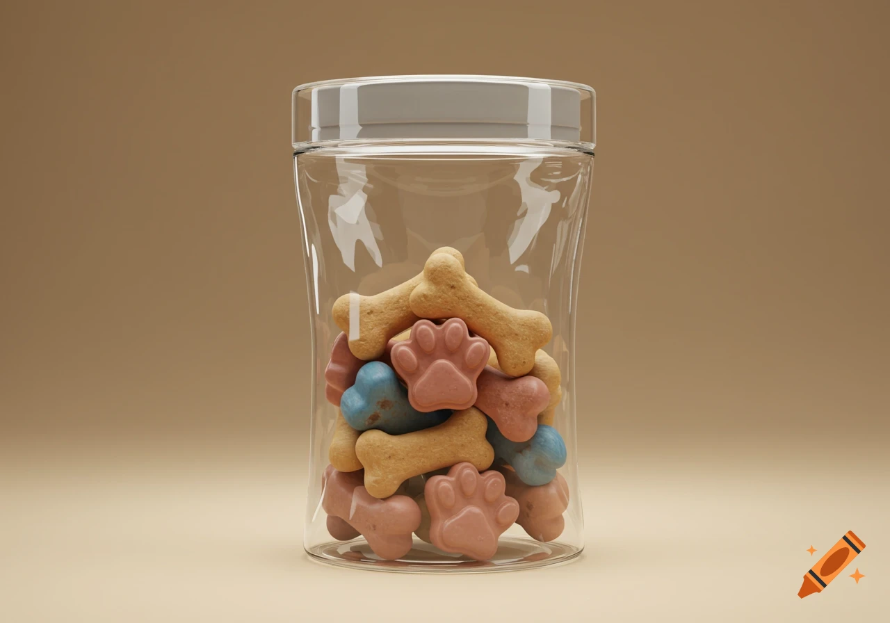A clear plastic jar filled with colorful bone, paw, and heart-shaped dog treats on a plain brown background.