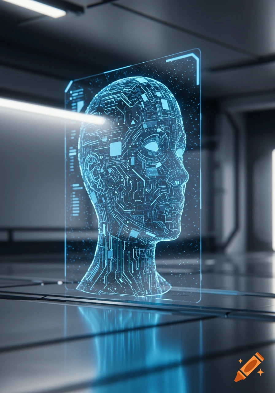 A glowing blue digital head, made of circuit board patterns, displayed inside a transparent screen in a dark, futuristic room.