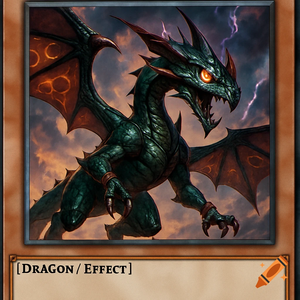 A dark green dragon with orange eyes and wings against a stormy sky, depicted on a trading card.
