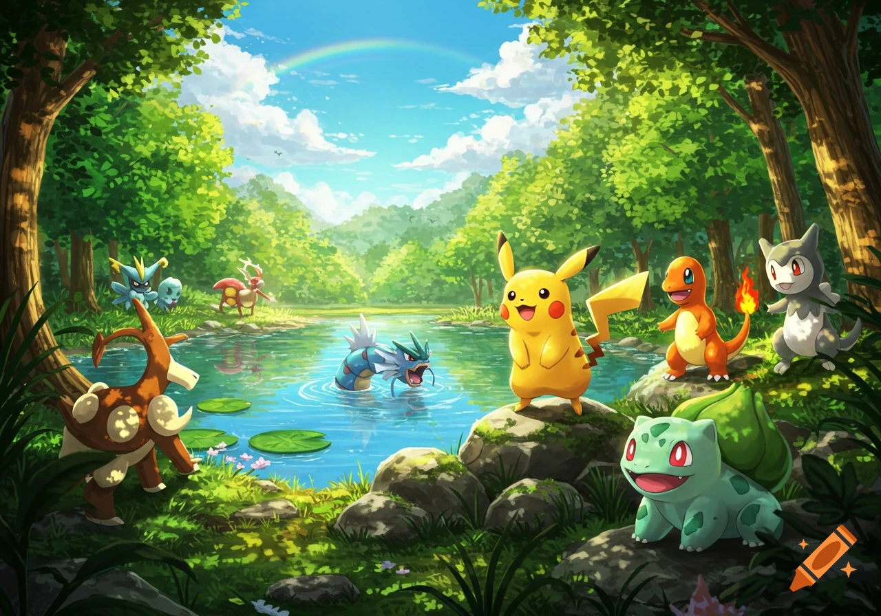 Colorful illustration of various Pok Hmon characters like Pikachu, Charmander, and Bulbasaur around a pond in a vibrant forest, with a rainbow overhead.