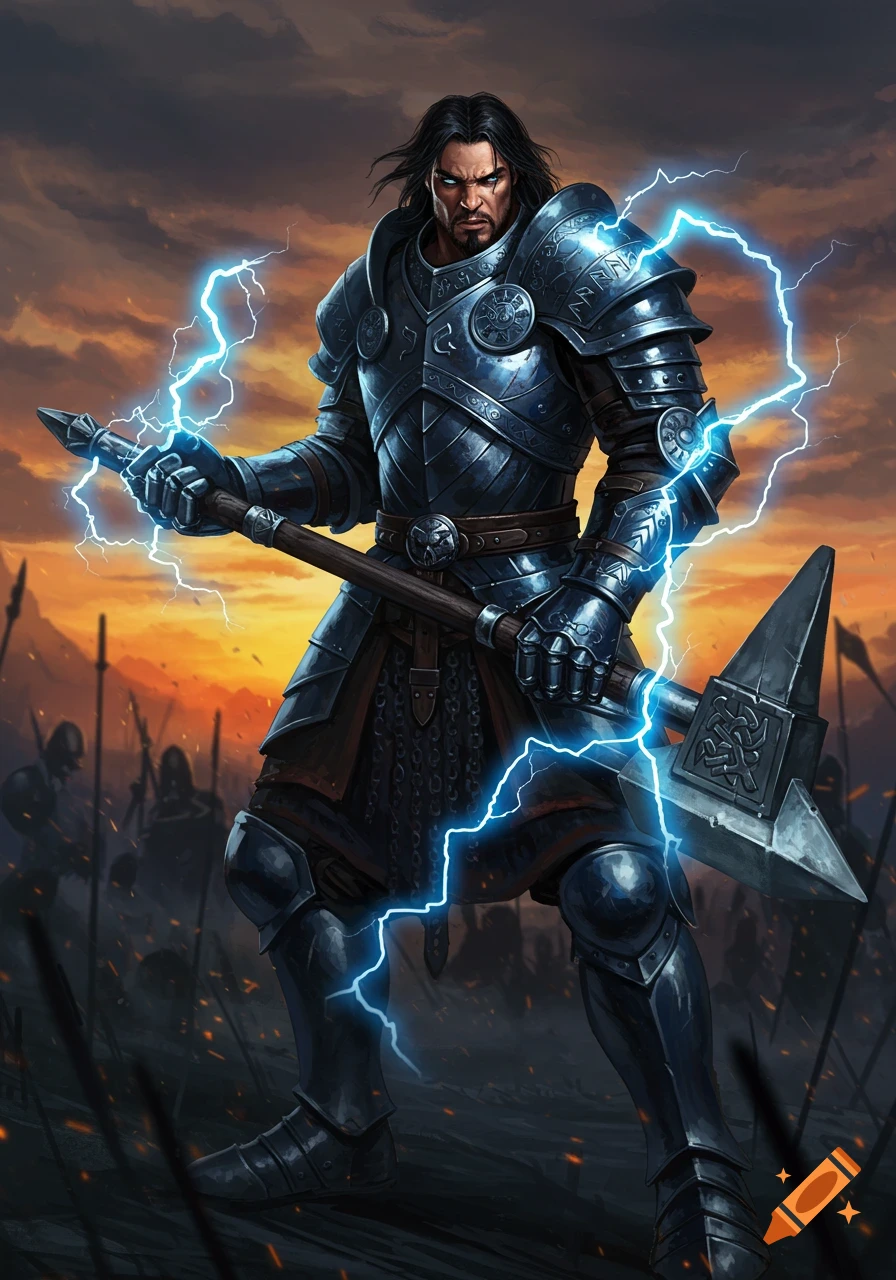 A powerful fantasy warrior in ornate plate armor wields a lightning-charged warhammer on a battlefield at sunset.