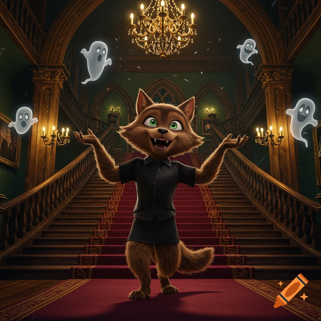 Winnie Werewolf from Hotel Transylvania stands in a grand gothic mansion with a red carpeted staircase, surrounded by floating cartoon ghosts.
