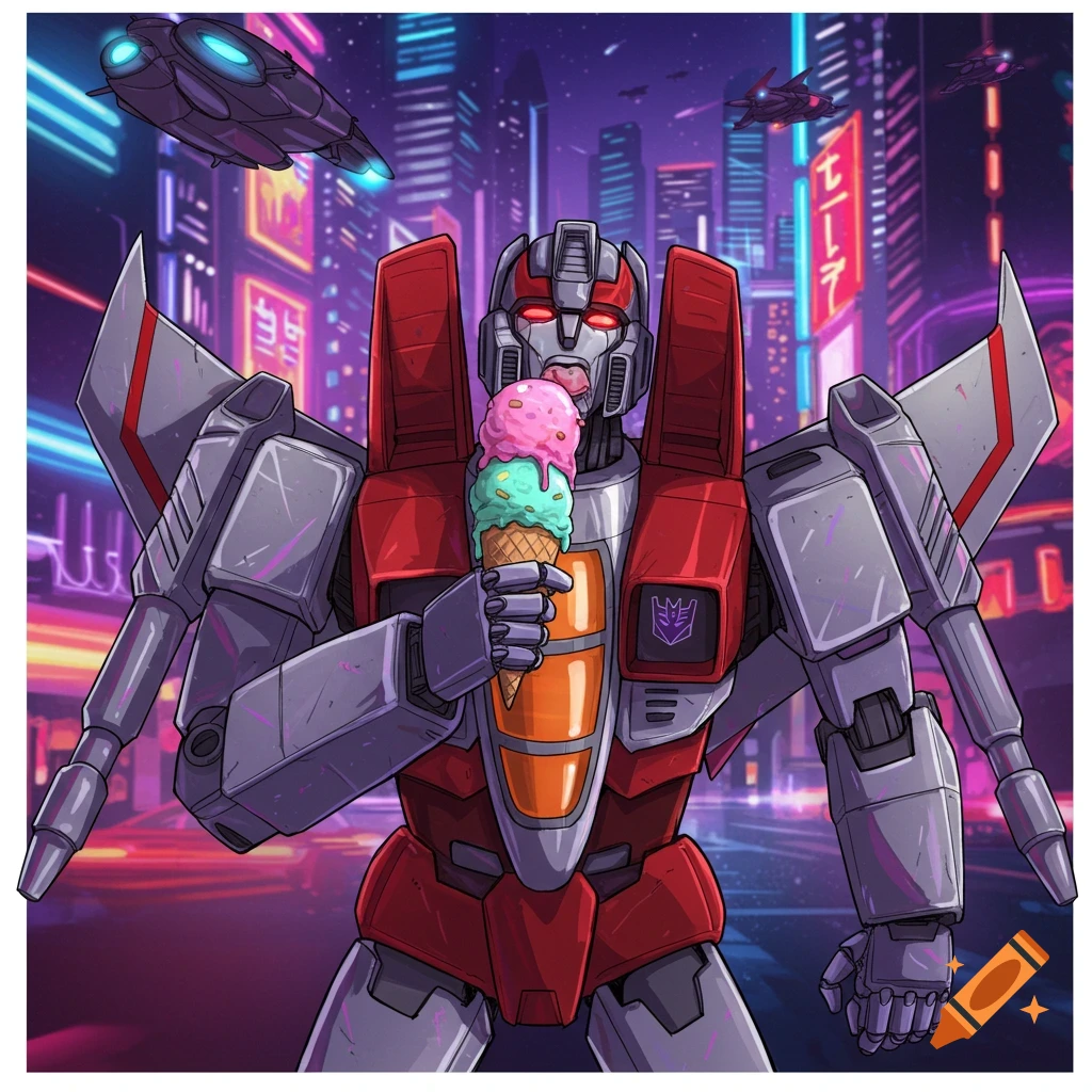 A cartoon illustration of Starscream from Transformers eating a three-scoop ice cream cone in a neon futuristic city.