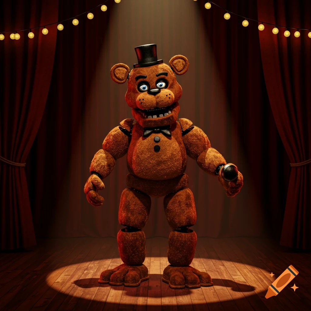 A brown animatronic bear with a black top hat and bowtie stands under a spotlight on a wooden stage with red curtains.