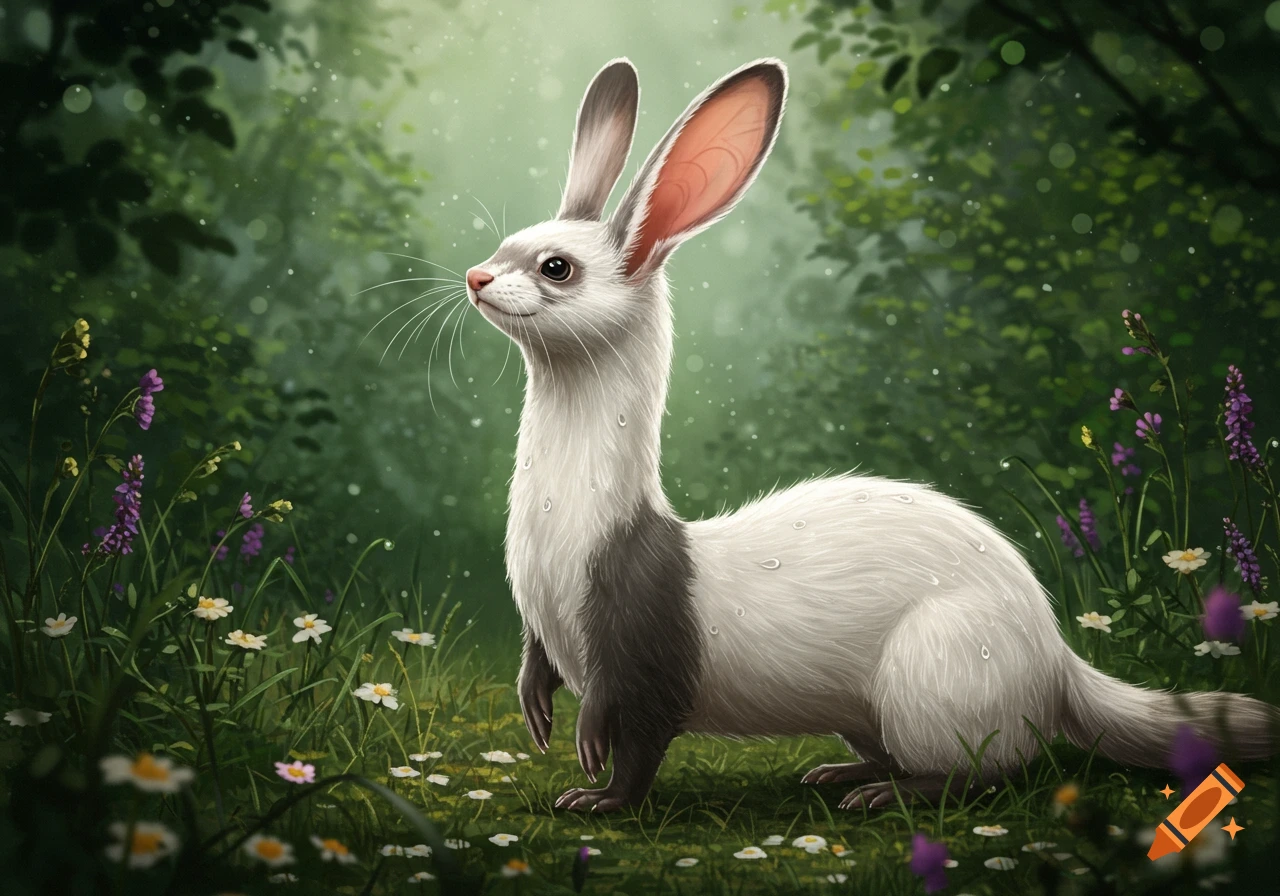 A white and gray ferret-rabbit hybrid stands in a lush green forest clearing with purple and white wildflowers.