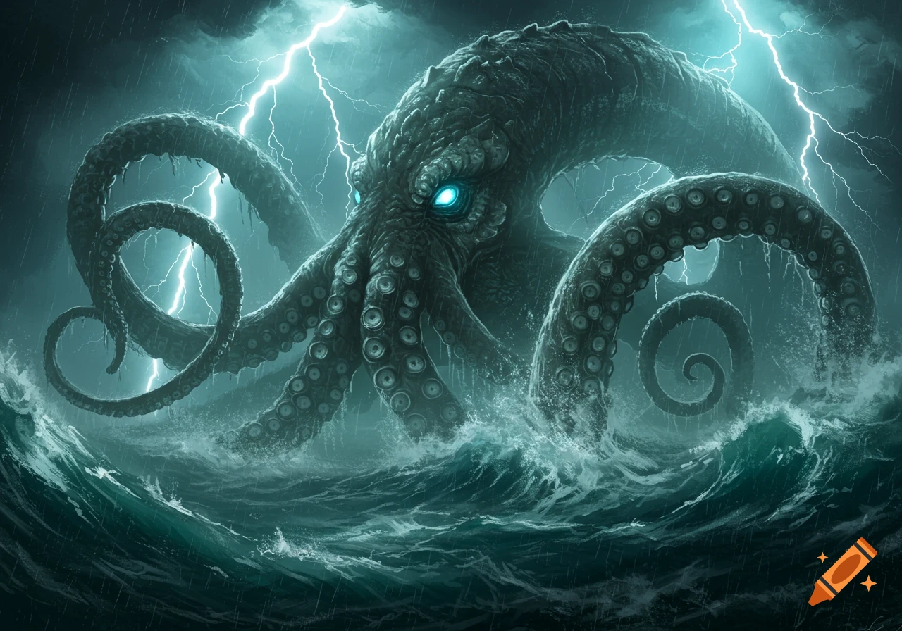 A giant Kraken with glowing blue eyes emerges from a stormy, dark ocean with lightning striking in the sky, in a detailed fantasy art style.