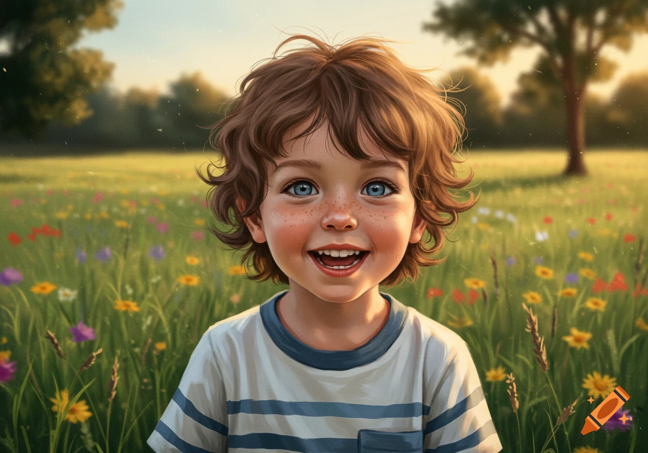 A smiling young boy with curly brown hair, blue eyes, and freckles stands in a field of wildflowers at sunset.