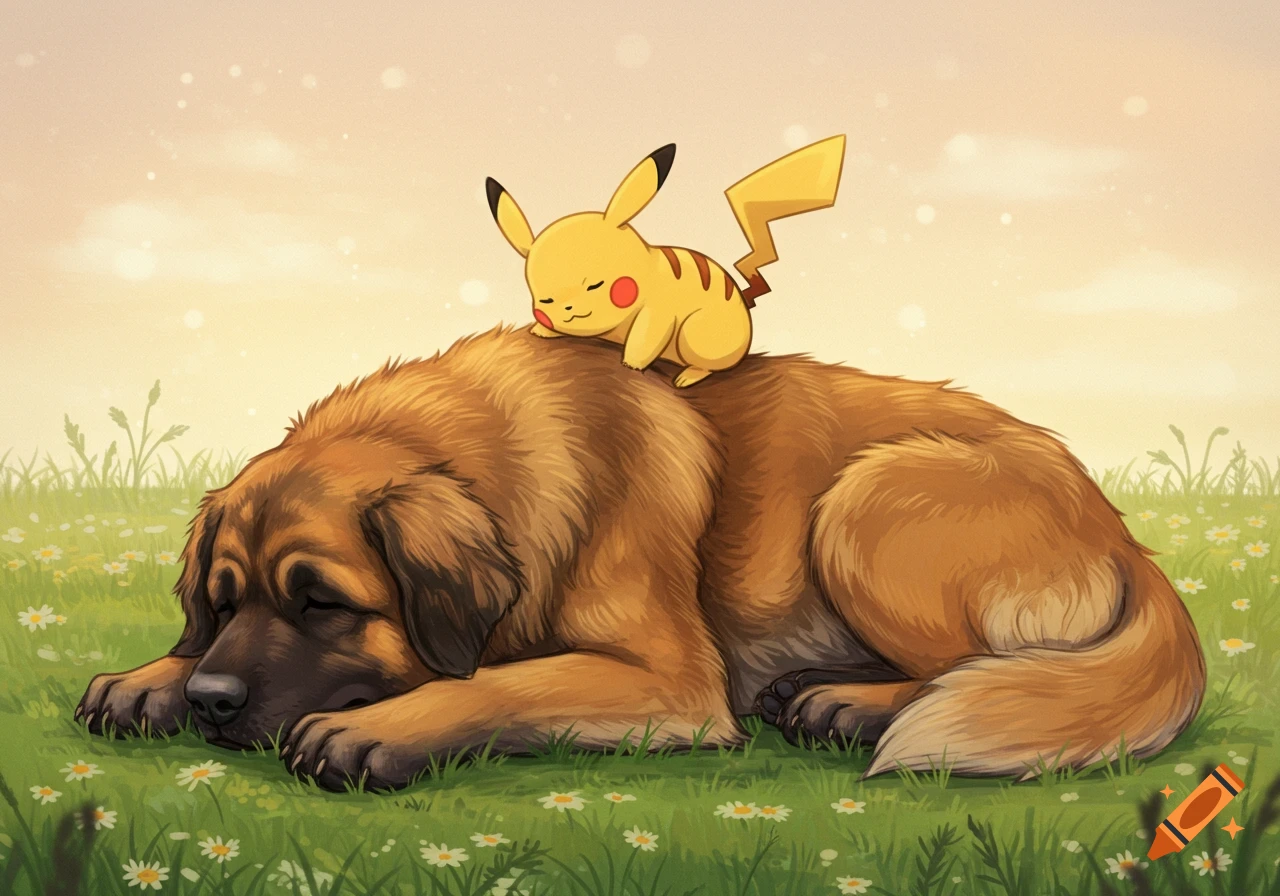 A large brown Leonberger dog sleeps in a grassy field with white flowers, with a small yellow Pikachu sleeping on its back. Illustrated.