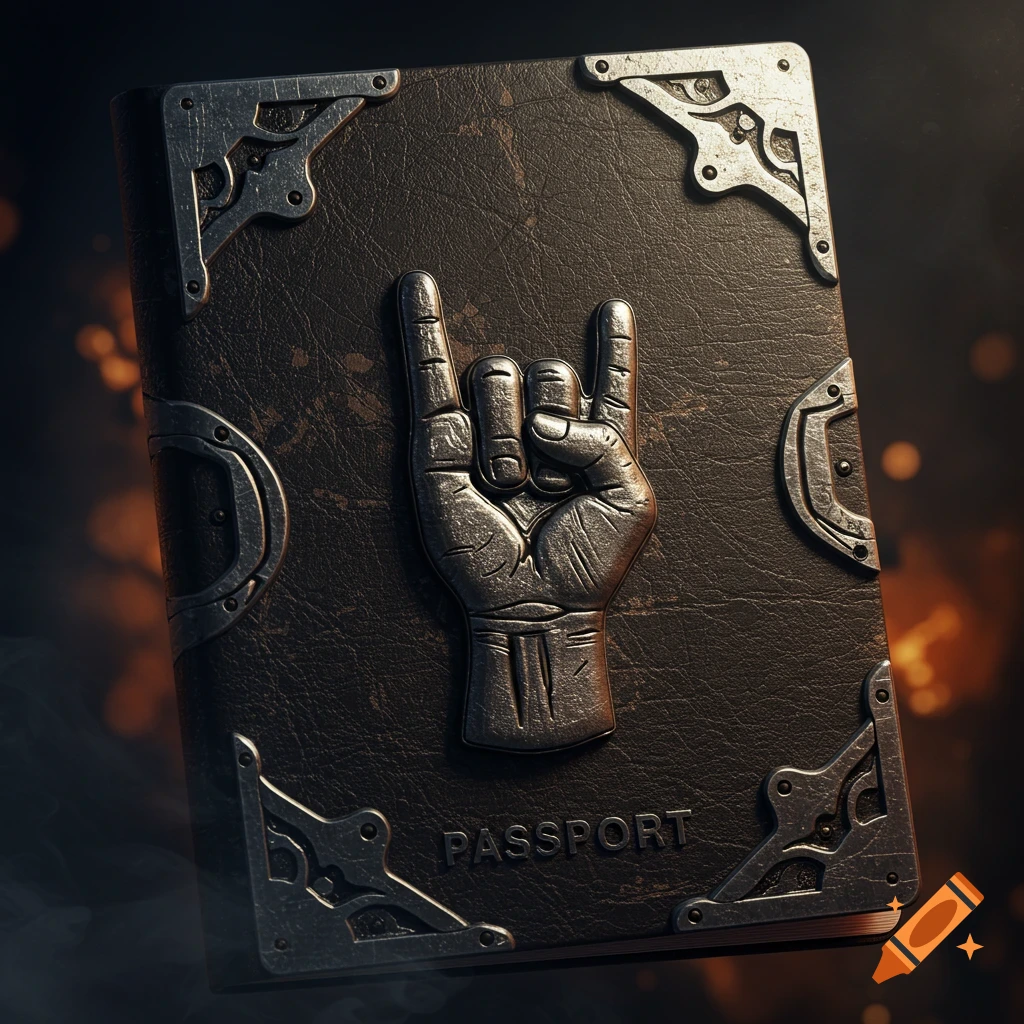 A dark, stylized passport with a metallic rock hand sign embossed on its cover and ornate metal corners.