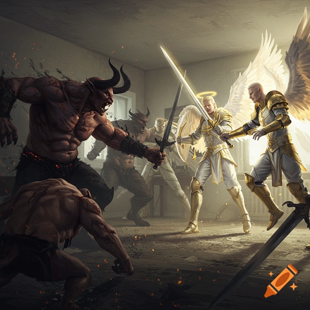 Three demon-like figures battle three angelic men in white and gold armor with swords in a windowless, empty room, in a detailed fantasy illustration.