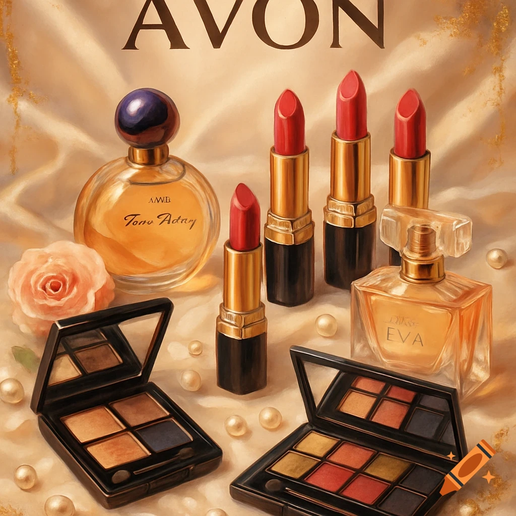 A collection of Avon cosmetics, including lipsticks, perfume bottles, and eyeshadow palettes, arranged on a draped golden fabric with scattered pearls.