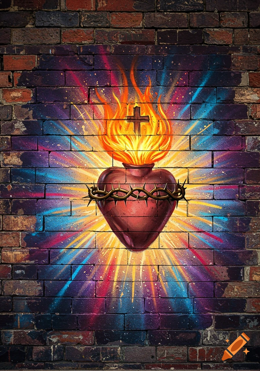 Graffiti art of the Sacred Heart of Jesus with flames and a crown of thorns, painted on a brick wall with colorful spray paint rays.