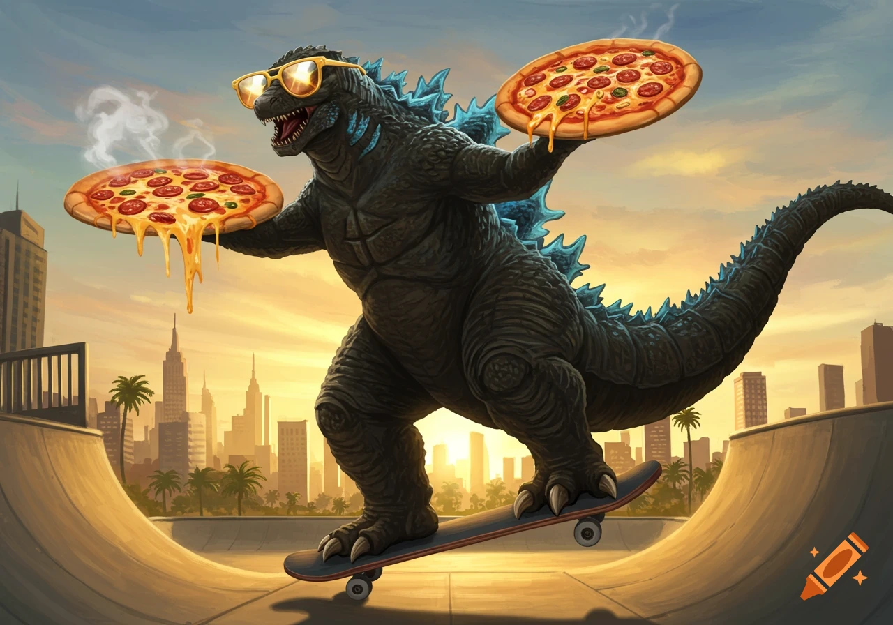 Godzilla in sunglasses skateboarding with two pizzas in a city at sunset.