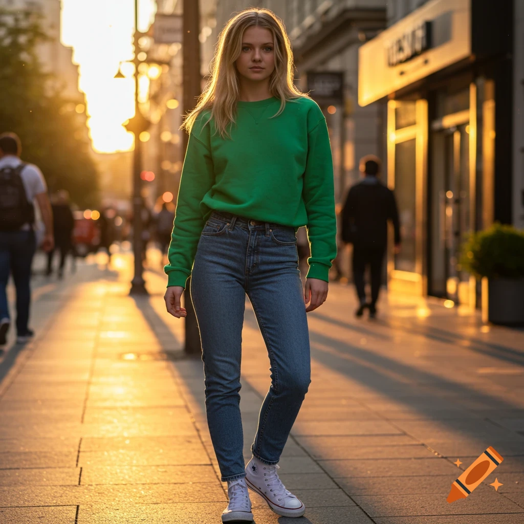 A photorealistic image of a blonde woman in a green sweatshirt, jeans, and white sneakers standing on a sunlit city sidewalk.