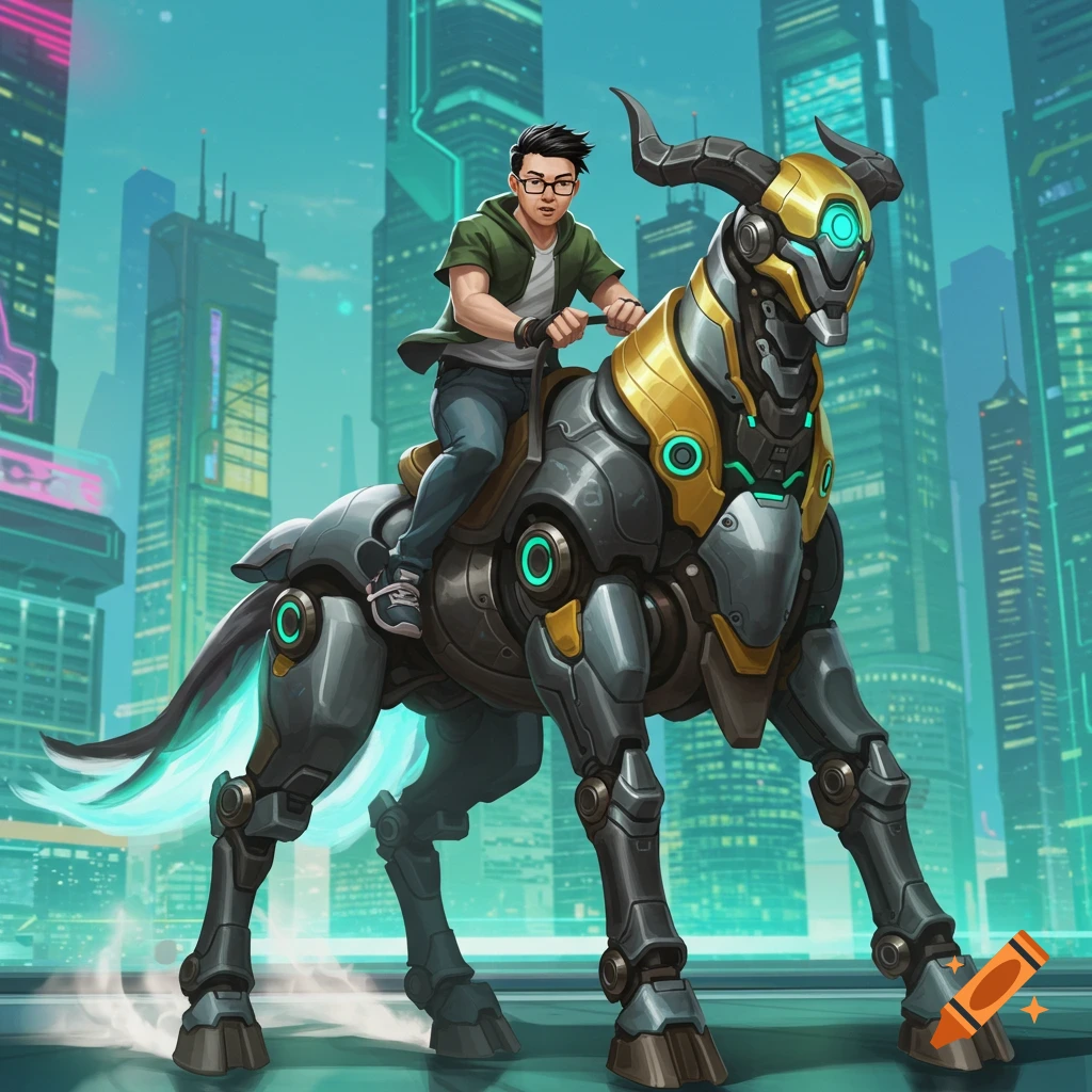 An Asian man with glasses rides a gold and gray robotic bull-like creature through a futuristic city, digital art.