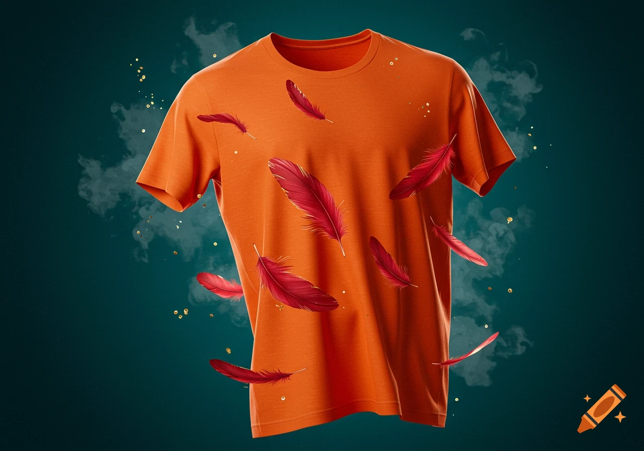 An orange t-shirt floats against a dark teal background, surrounded by red feathers and golden glitter.