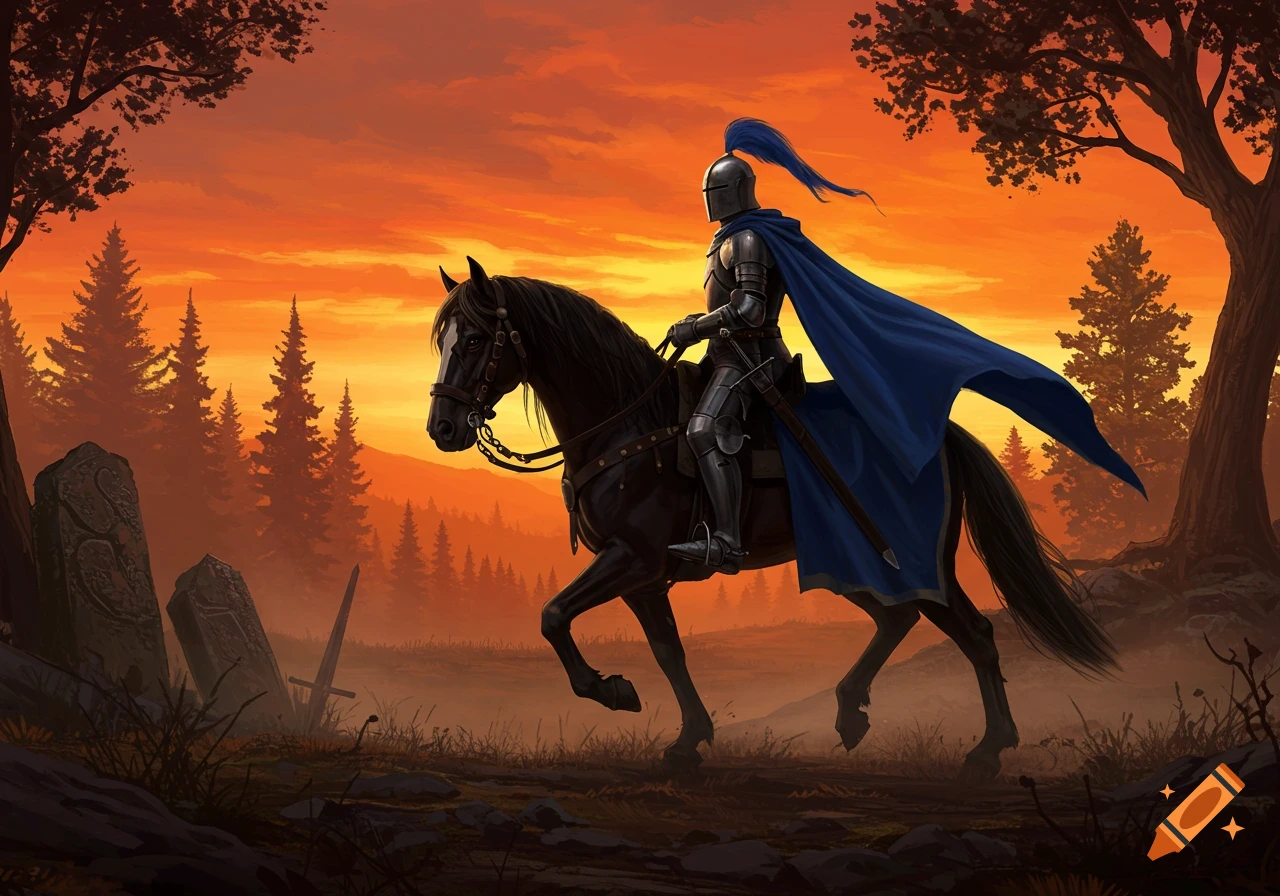 A knight in full plate armor with a blue cape rides a black horse through a misty forest at sunset, passing ancient stone monuments and a fallen sword.
