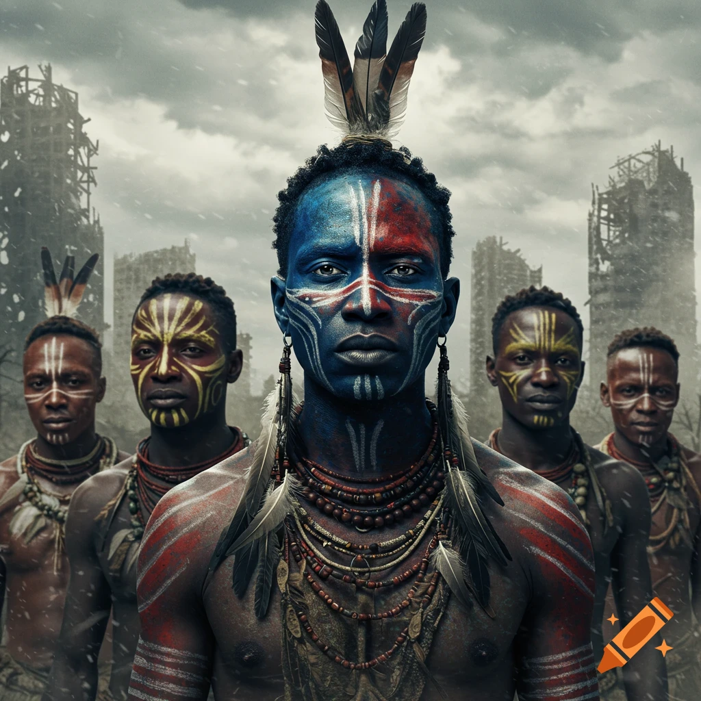 Photorealistic portrait of men with vibrant tribal face and body paint, wearing feathers, set against a desolate, post-apocalyptic cityscape.