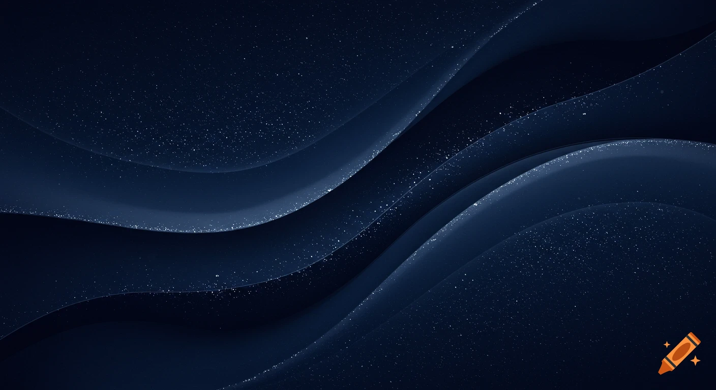 Dark navy blue abstract background with flowing wave patterns and small white scattered light specks.