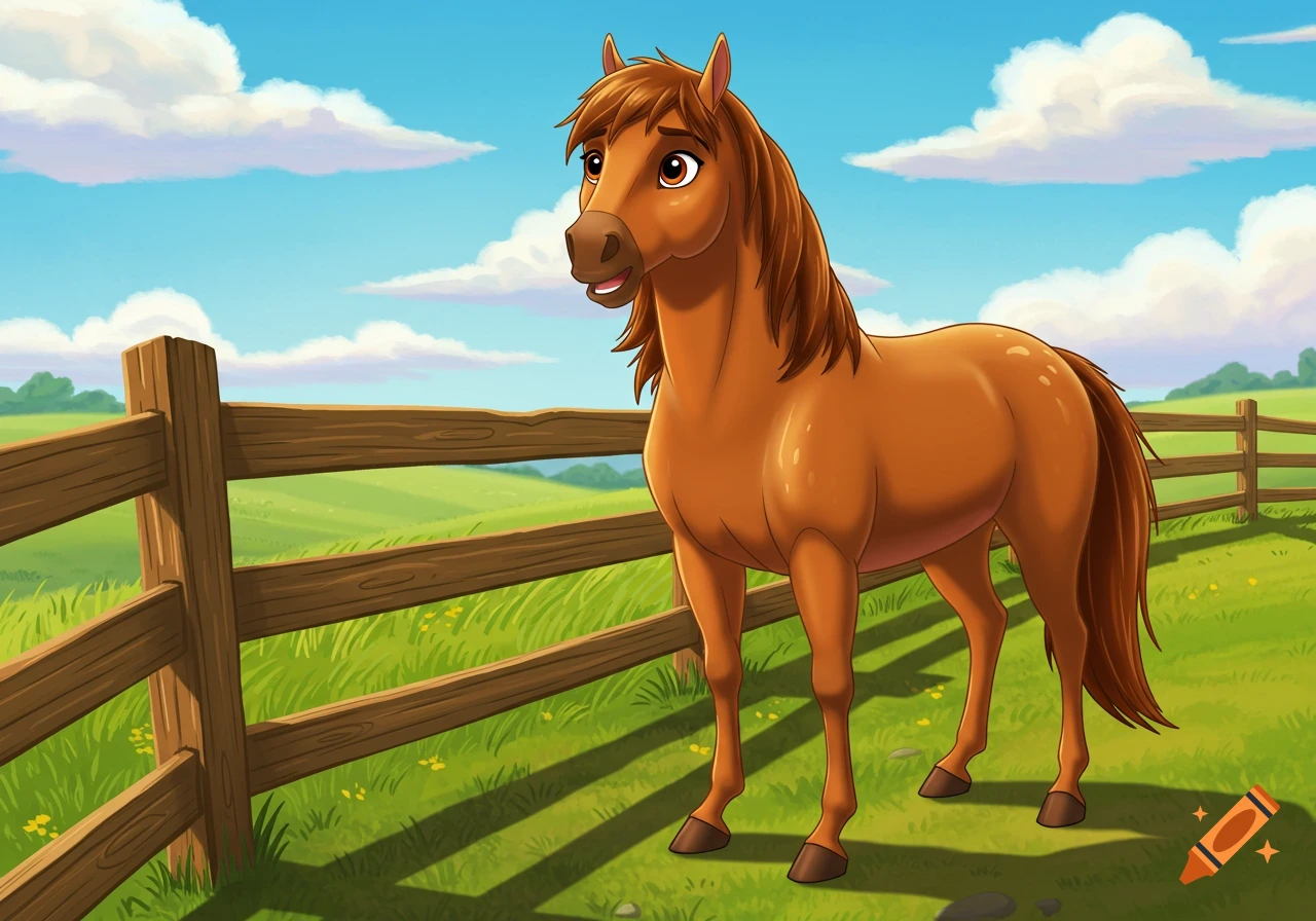 A brown cartoon horse stands next to a wooden fence in a green field under a blue sky with white clouds.