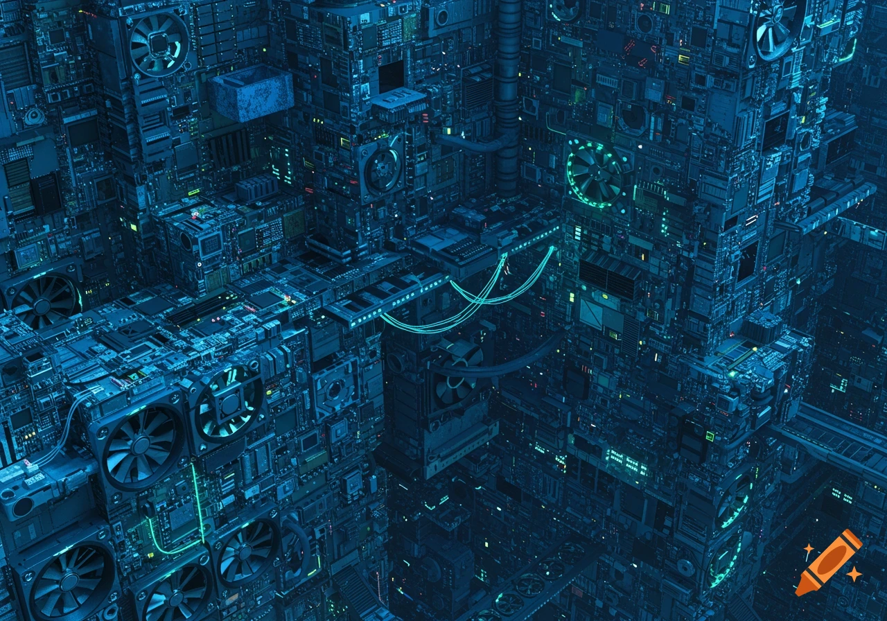 A dense, futuristic city made of glowing blue and green computer circuit boards and cooling fans.