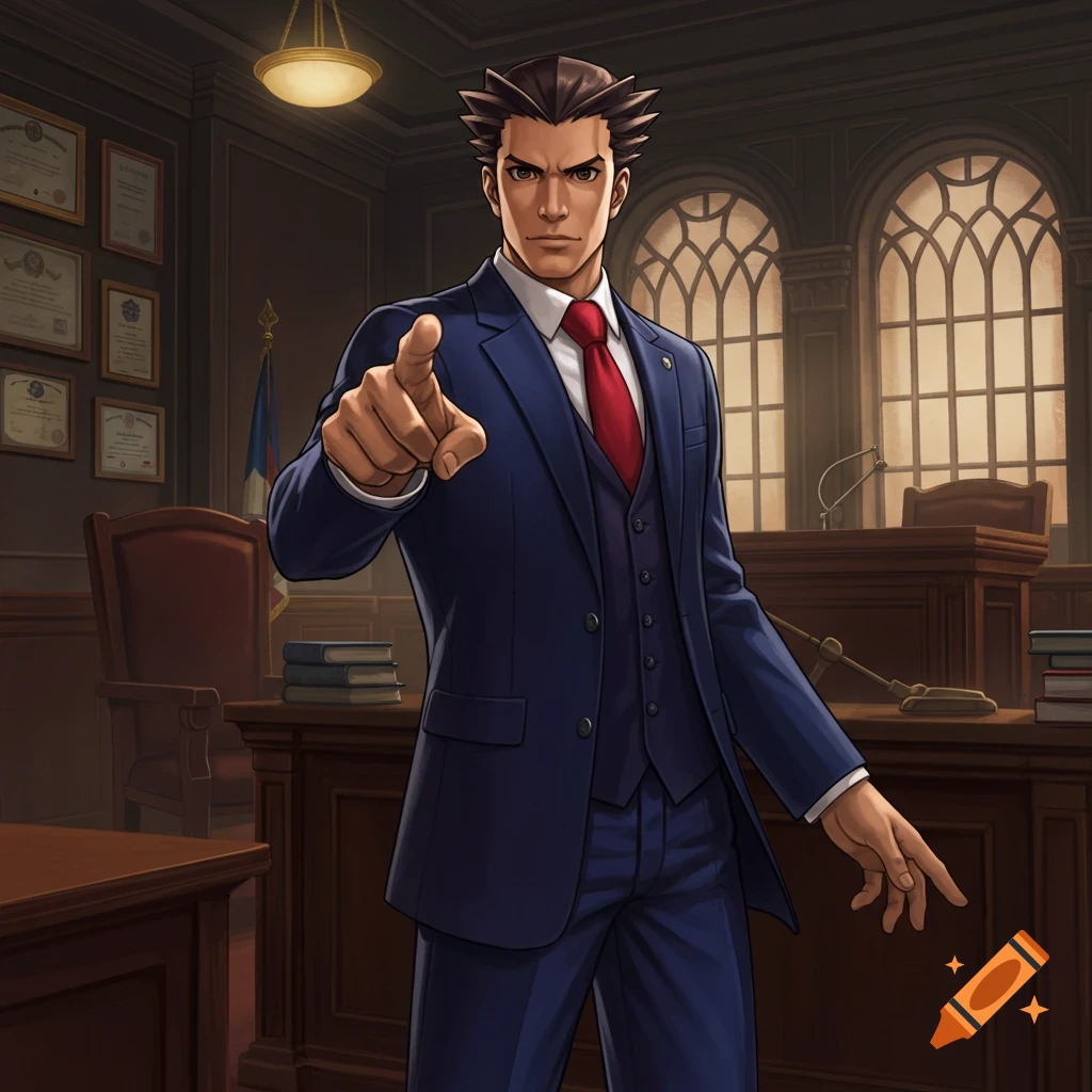 An anime-style illustration of Phoenix Wright in a blue suit, red tie, and vest, standing in a courtroom and pointing forward.