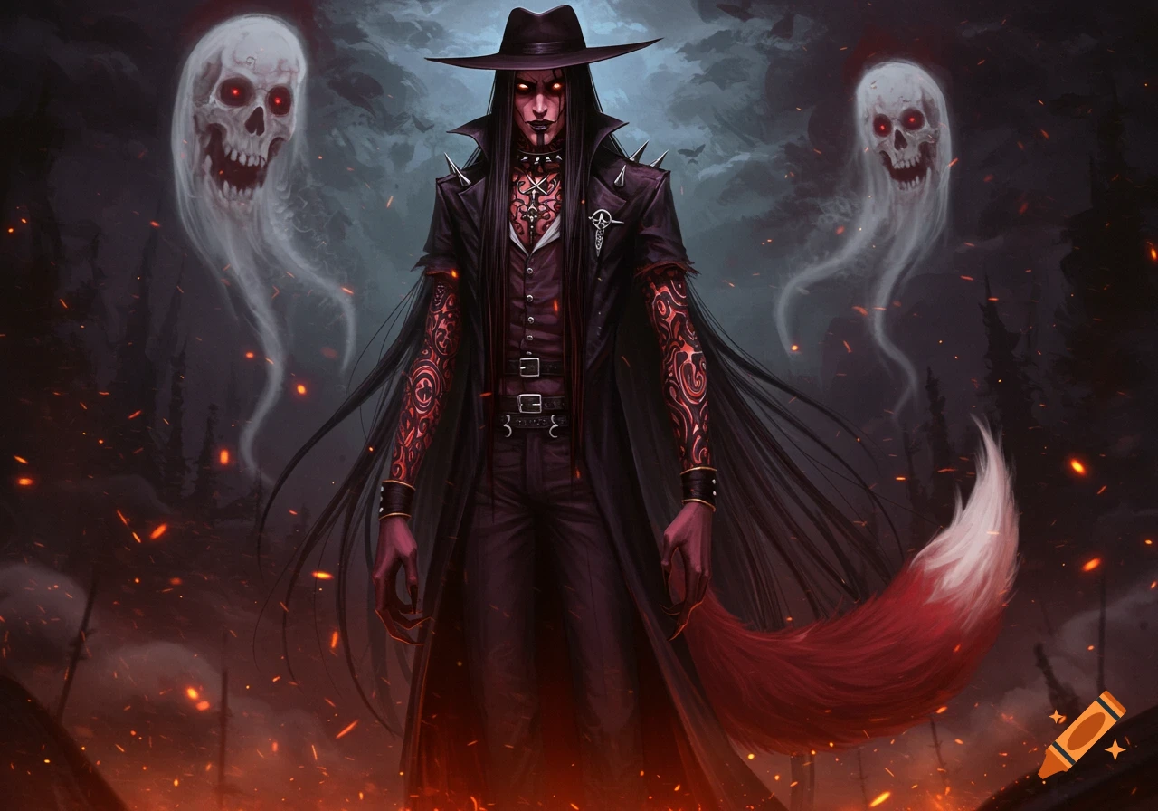 A dark, demonic figure with long black hair, red skin, tattoos, and a fox tail stands amidst flames with two floating skulls.