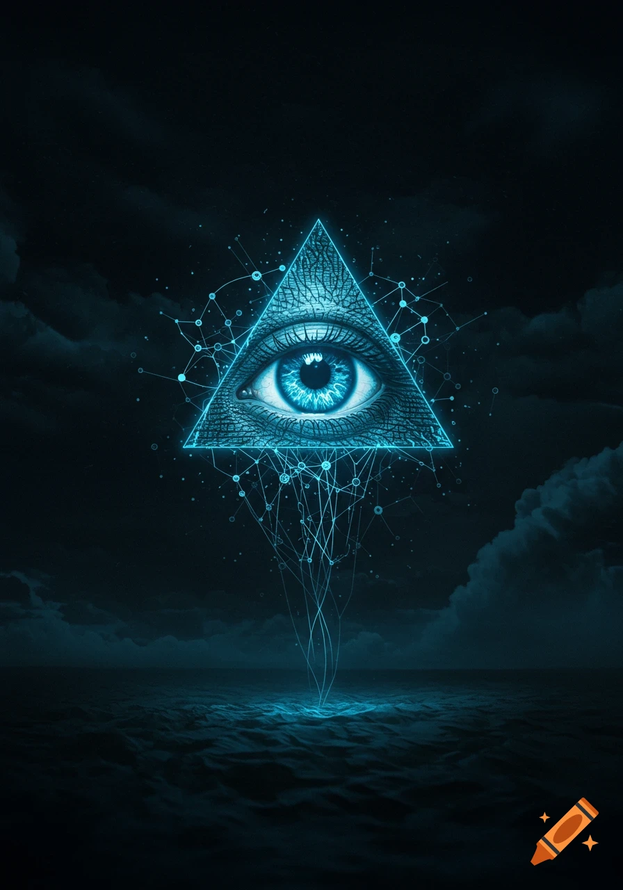 A glowing blue all-seeing eye within a triangle, connected by a network of nodes and lines, floats above dark waters under a cloudy sky.